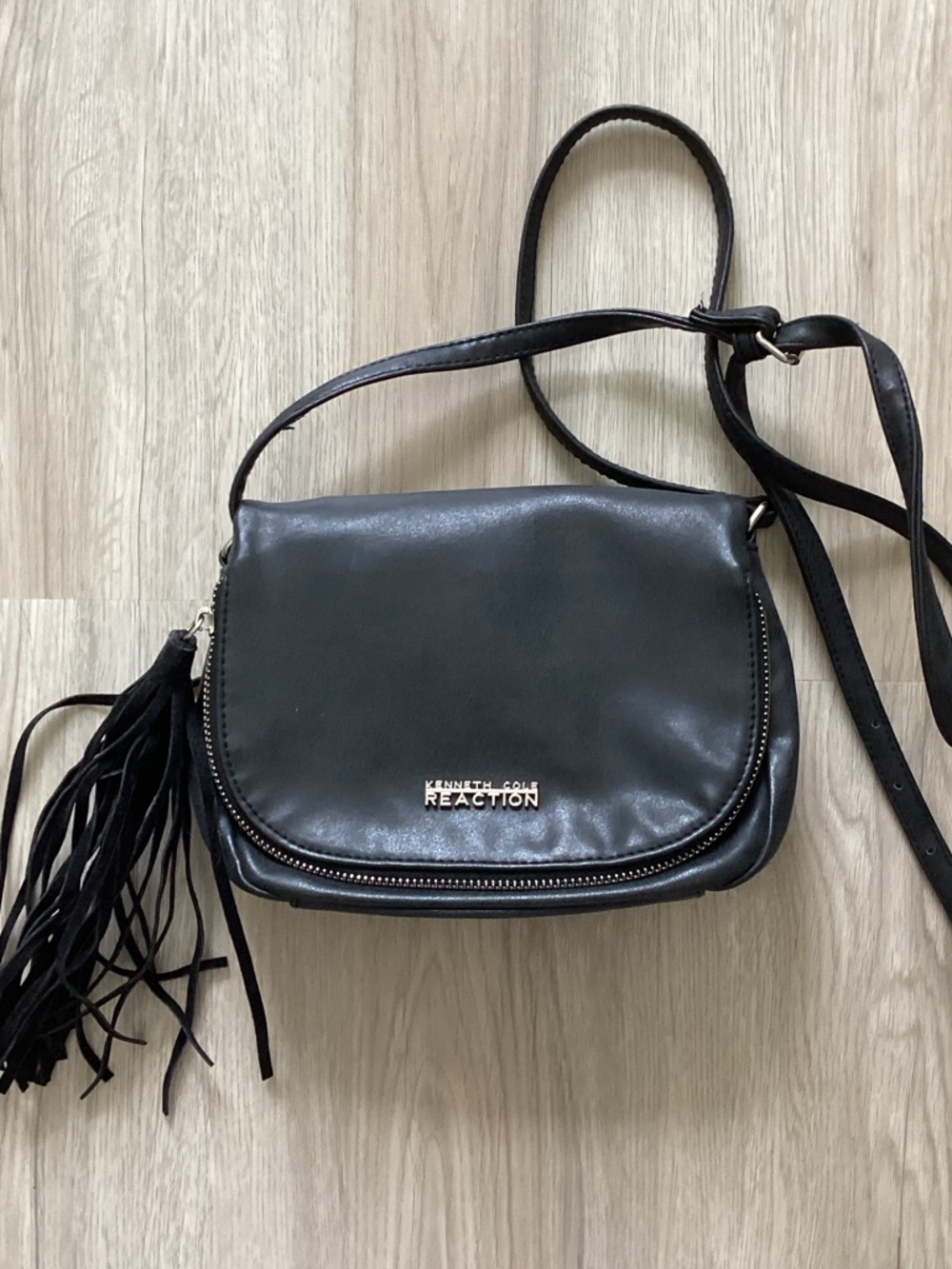 Kenneth Cole Reaction Black Leather Crossbody with Tassel Accent